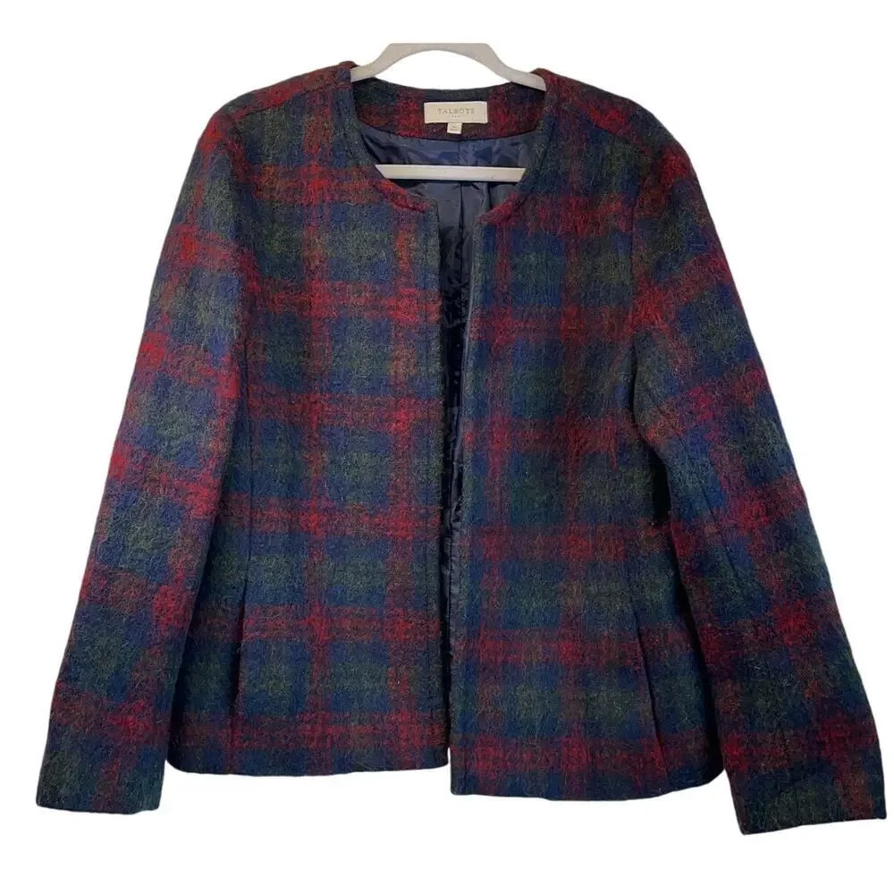 Talbots Womens 16 Red Plaid Wool Blend Open Front Jacket Career Wear